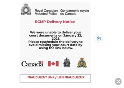 Message texte d’hameçonnage qui semble provenir de la GRC