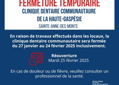 Sainte-Anne-des-Monts : Fermeture temporaire de la dentisterie
